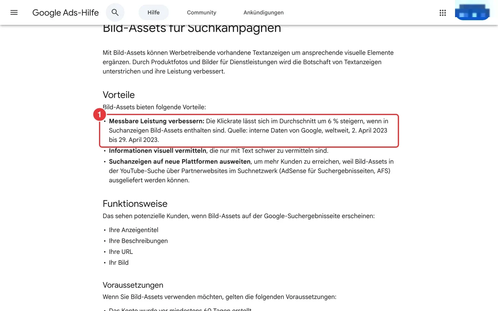Google-Ads-Hilfe zu Bild-Assets mit markierter Aussage zur durchschnittlich um 6 Prozent höheren Klickrate