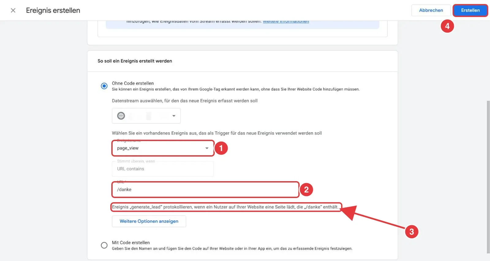 Formular Ereignis erstellen in Google Analytics 4: Auslöser page_view, URL-Bedingung /danke, die Zusammenfassung des neuen Ereignisses und die Schaltfläche Erstellen sind rot markiert