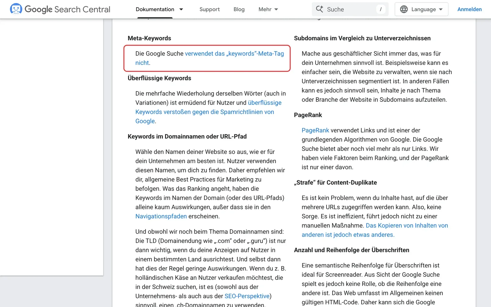 Google SEO-Leitfaden, Abschnitt Meta-Keywords: der Satz, dass die Google Suche das keywords-Meta-Tag nicht verwendet, ist rot umrahmt, daneben weitere Punkte wie überflüssige Keywords, Keywords im Domainnamen und PageRank