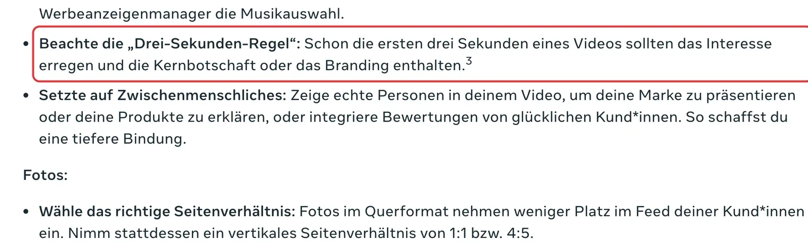 Meta-Seite zu voroptimierten Kampagnen mit der Empfehlung, die Kernbotschaft in den ersten drei Sekunden zu zeigen