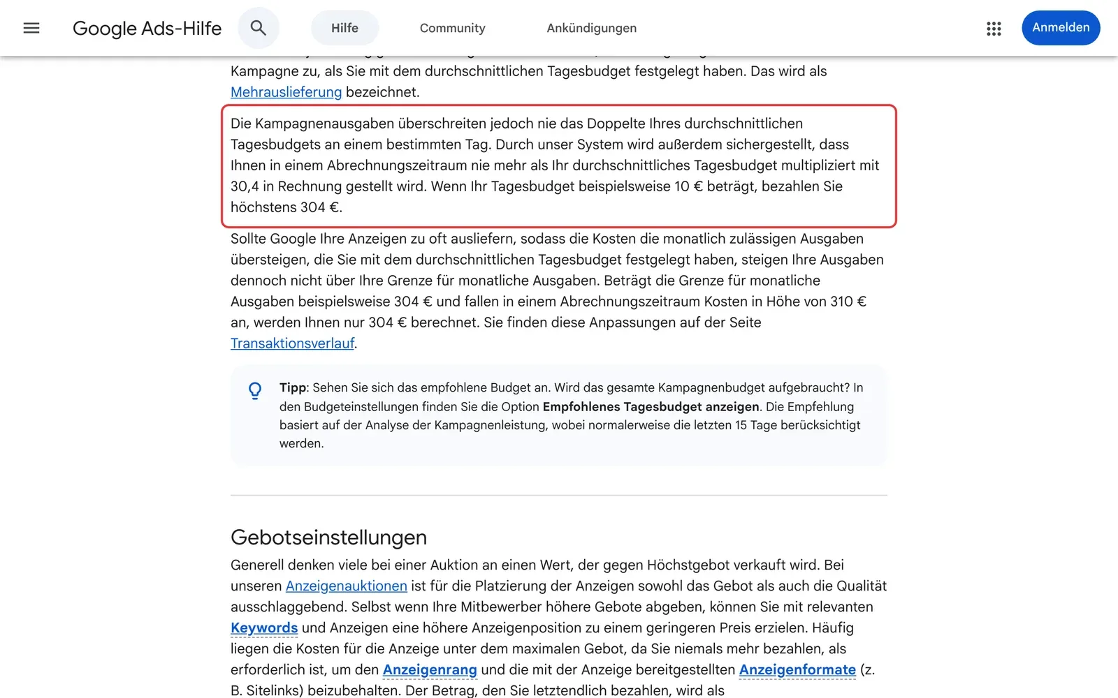 Google Ads-Hilfe: der Absatz, dass Ausgaben nie das Doppelte des Tagesbudgets an einem Tag und nie mehr als das 30,4-Fache im Monat betragen, ist rot umrahmt