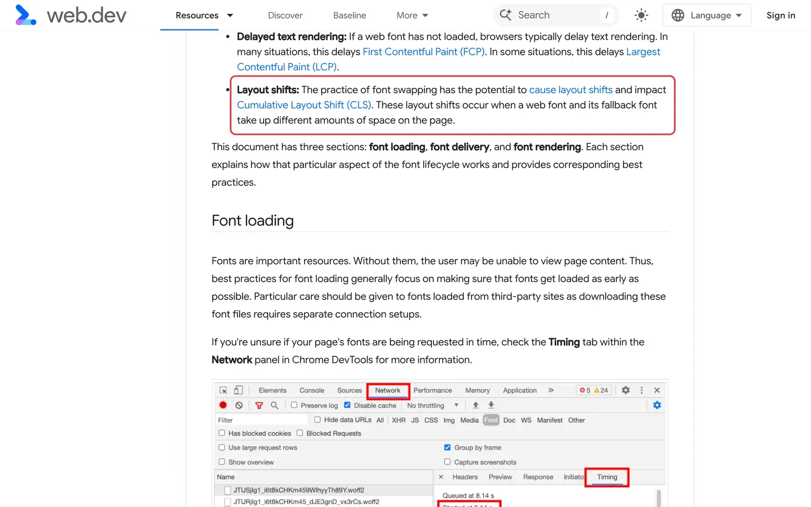 web.dev: Abschnitt, wie der Austausch von Webfonts Layout-Verschiebungen auslöst