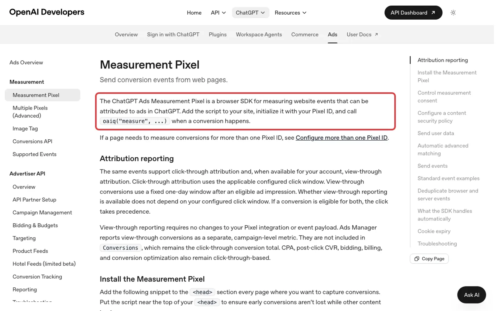 OpenAI-Entwicklerdokumentation zum Measurement Pixel mit markierter Erklärung, wie Conversions aus ChatGPT Ads gemessen werden