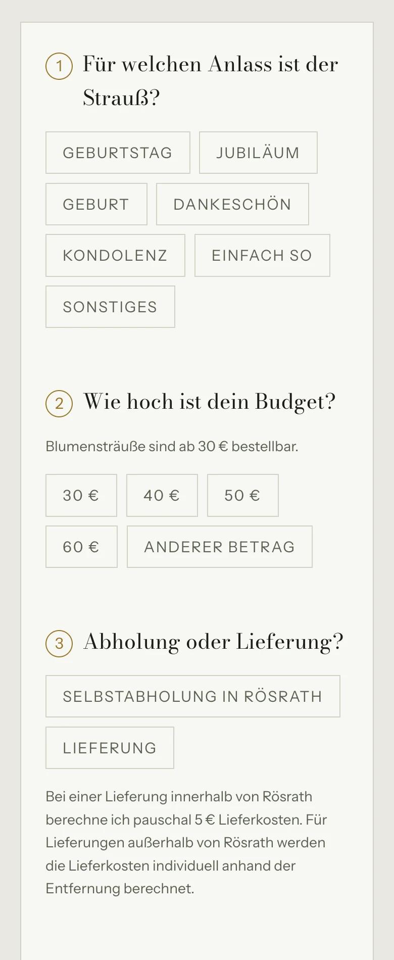 Bestellformular am Handy mit den Auswahlfeldern für Anlass und Budget