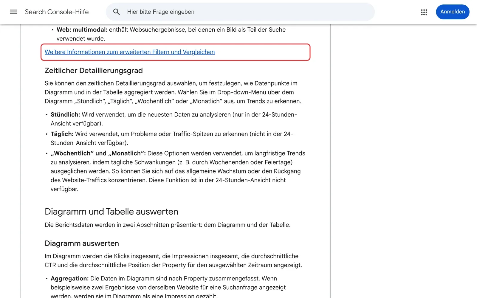 Search-Console-Hilfe zum Leistungsbericht mit dem Hinweis auf Filtern und Vergleichen
