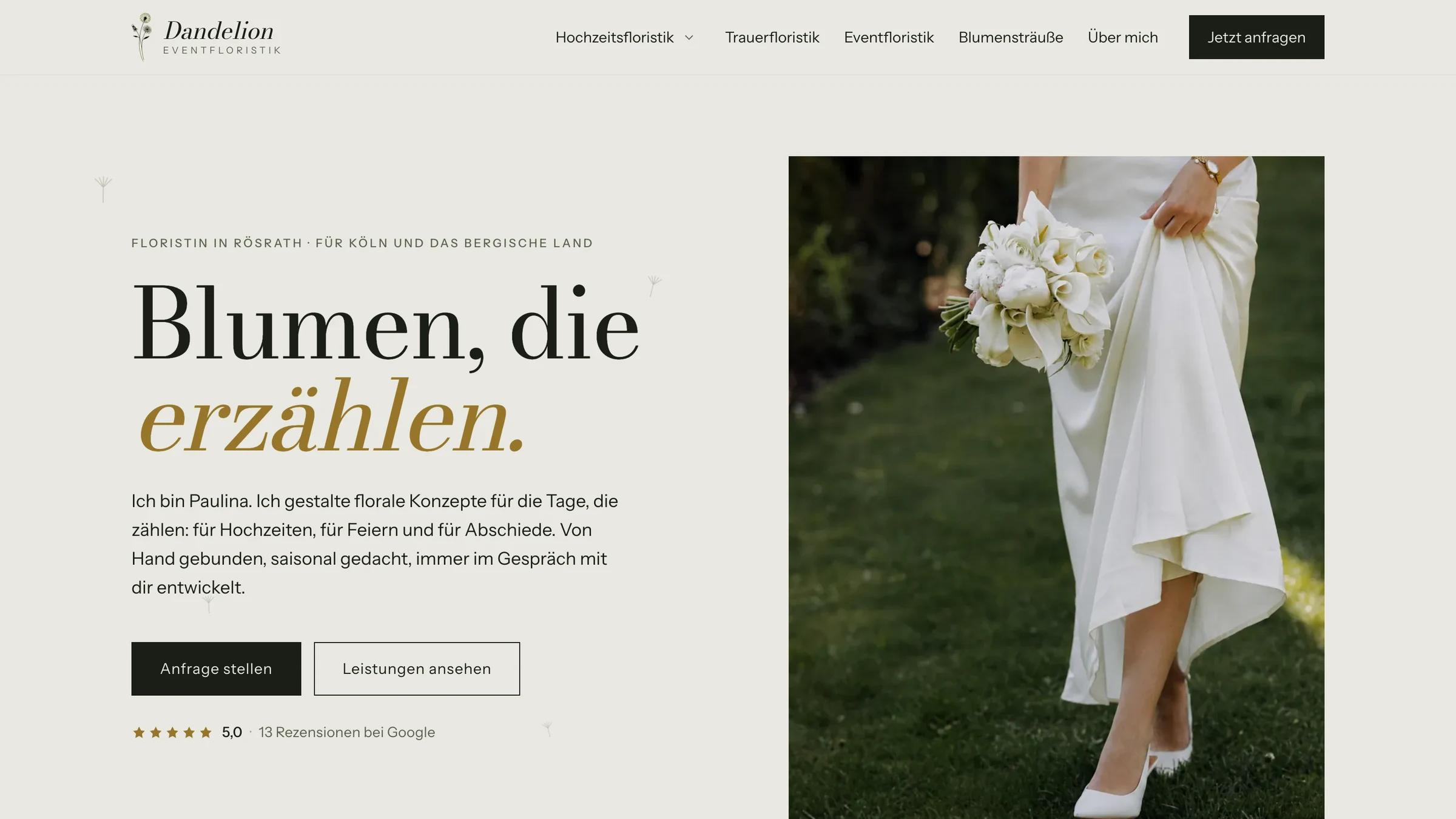 Startseite von Dandelion Eventfloristik mit Braut und Brautstrauß