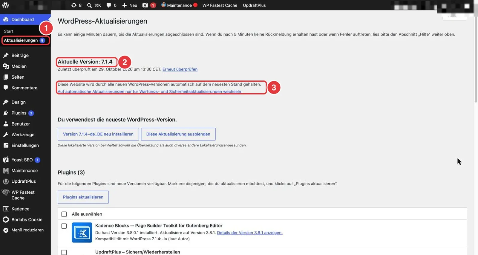 WordPress-Backend, Seite WordPress-Aktualisierungen: links der Menüpunkt Aktualisierungen, oben Aktuelle Version 7.1.4 und der Hinweis, dass die Website automatisch auf dem neuesten Stand gehalten wird, alle drei rot markiert