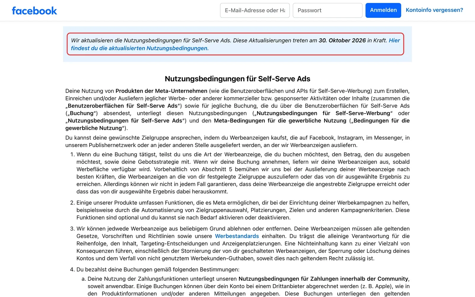 Hinweis auf der Seite der Nutzungsbedingungen für Self-Serve Ads: Aktualisierung tritt am 30. Oktober 2026 in Kraft