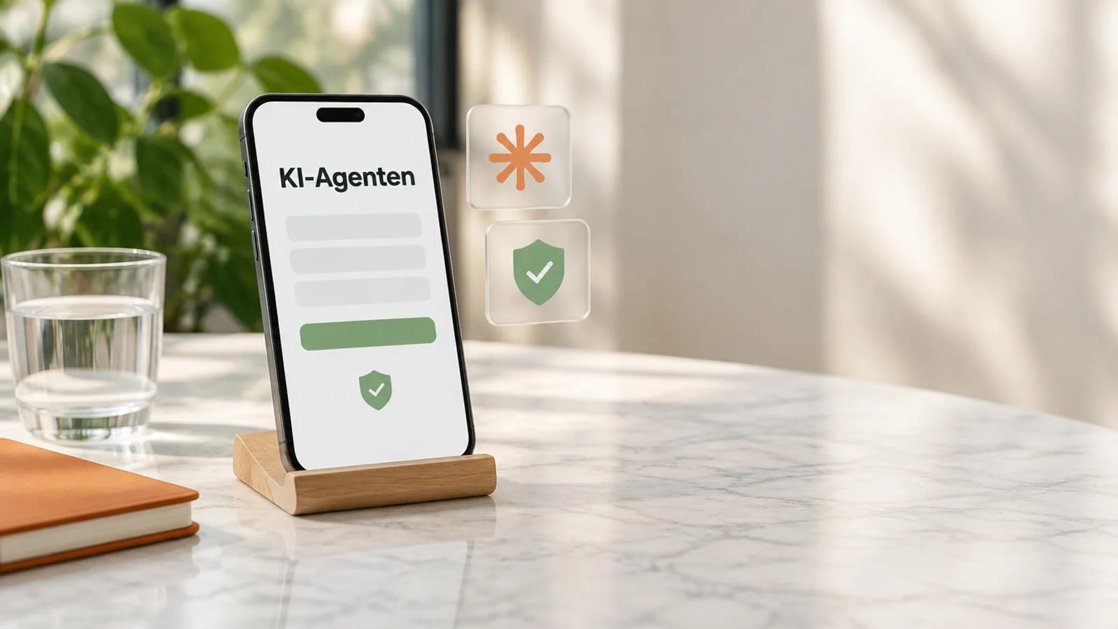 Smartphone auf einem Marmortisch im Café, auf dem Bildschirm das Wort KI-Agenten über einem leeren Kontaktformular, daneben Glaskarten mit einem orangen Stern und einem grünen Schild