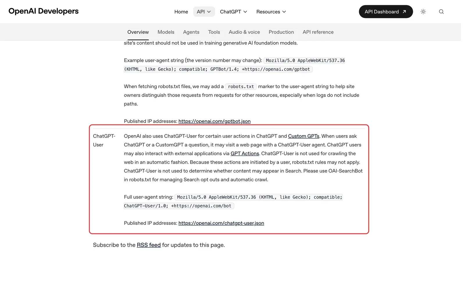 OpenAI-Entwicklerdokumentation zu den Crawlern, der Abschnitt zu ChatGPT-User mit User-Agent und IP-Adressen ist rot umrahmt