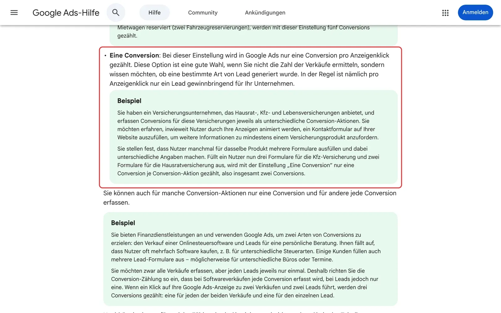 Google Ads-Hilfe zum Erfassen von Conversions: die Option Eine Conversion mit dem Hinweis, dass pro Anzeigenklick meist nur ein Lead gewinnbringend ist, ist rot umrahmt