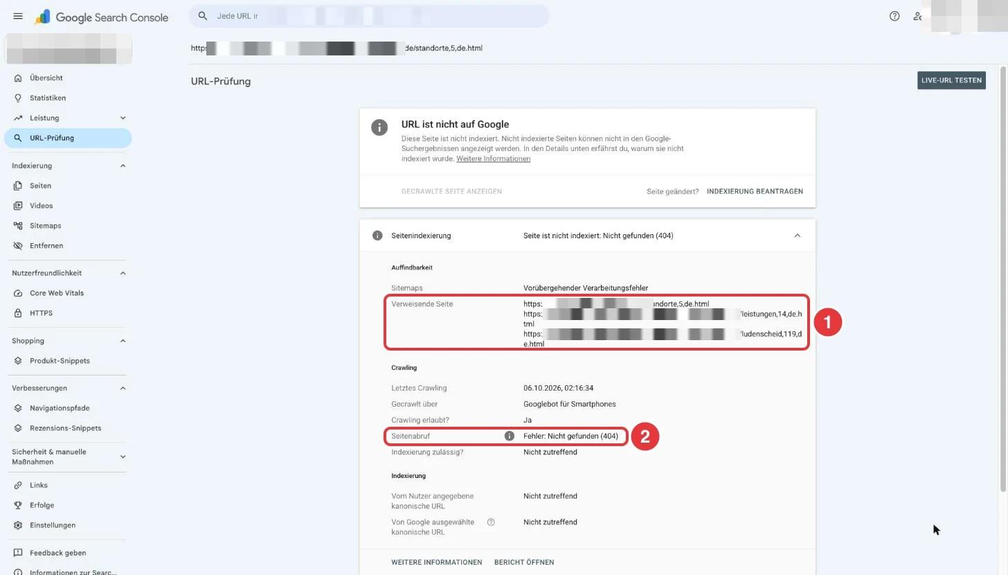 Google Search Console, URL-Prüfung einer nicht gefundenen Adresse: Verweisende Seite mit drei Seiten der eigenen Website und Seitenabruf Fehler Nicht gefunden (404), beides rot markiert