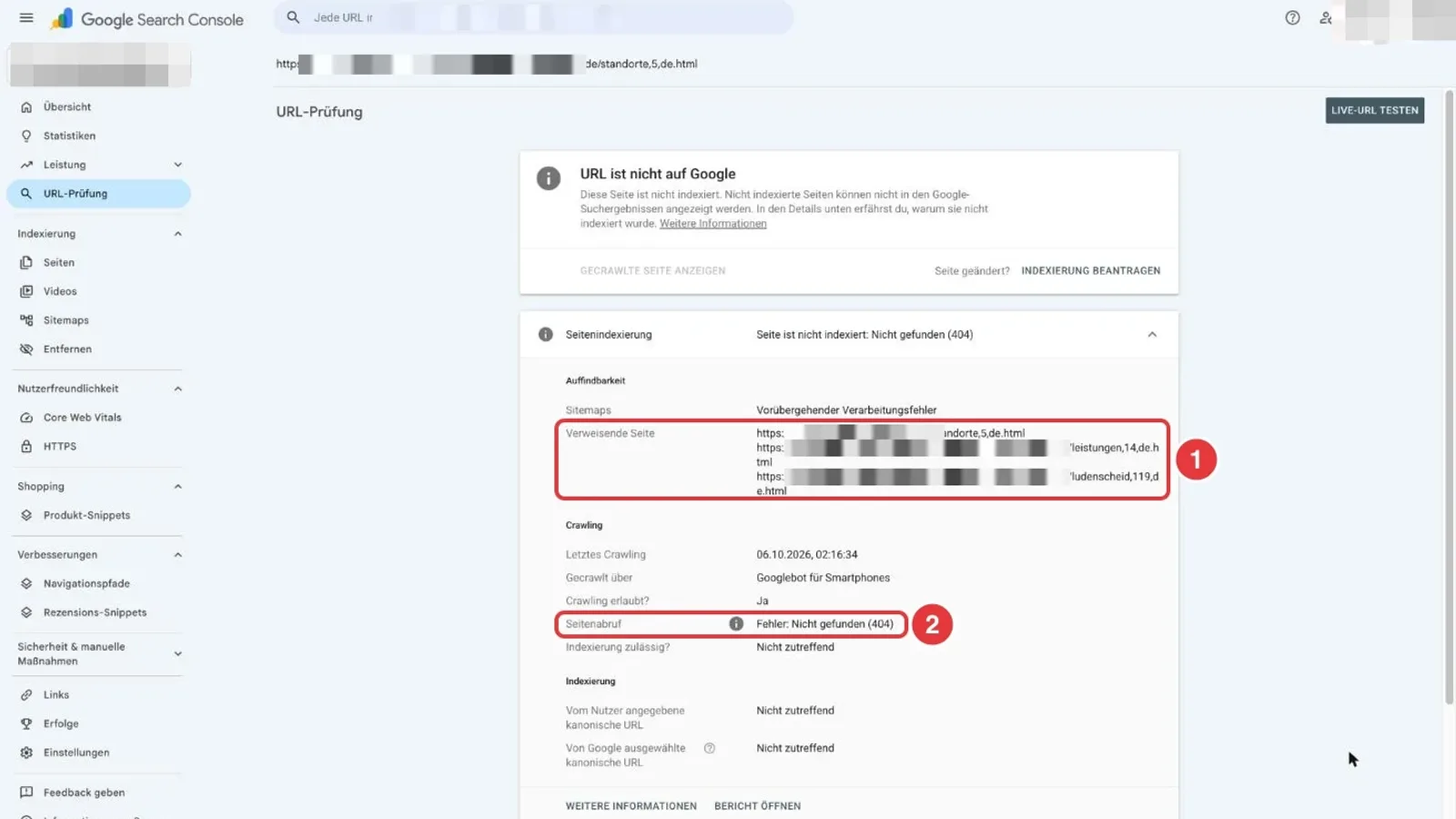 Google Search Console, URL-Prüfung einer nicht gefundenen Adresse: Verweisende Seite mit drei Seiten der eigenen Website und Seitenabruf Fehler Nicht gefunden (404), beides rot markiert