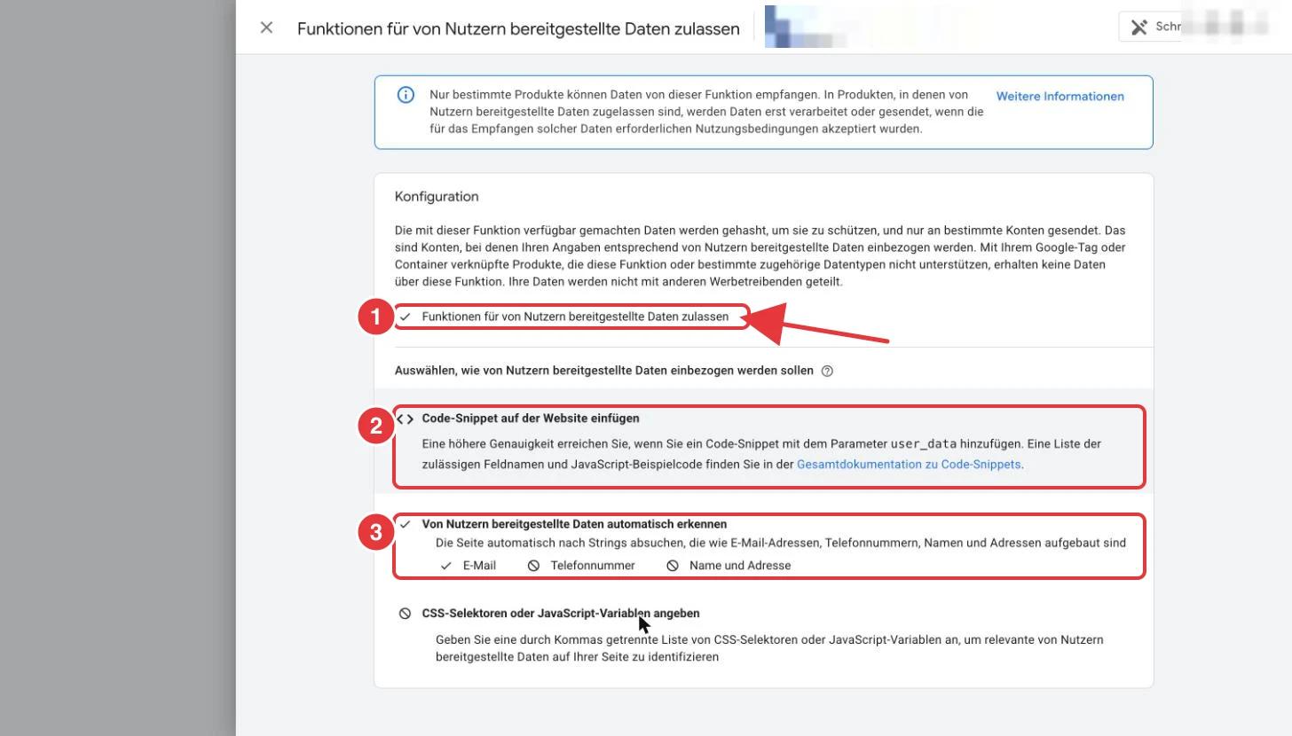 Google Tag Manager, Konfiguration der von Nutzern bereitgestellten Daten: das Häkchen zum Zulassen, das Code-Snippet und die automatische Erkennung sind rot markiert