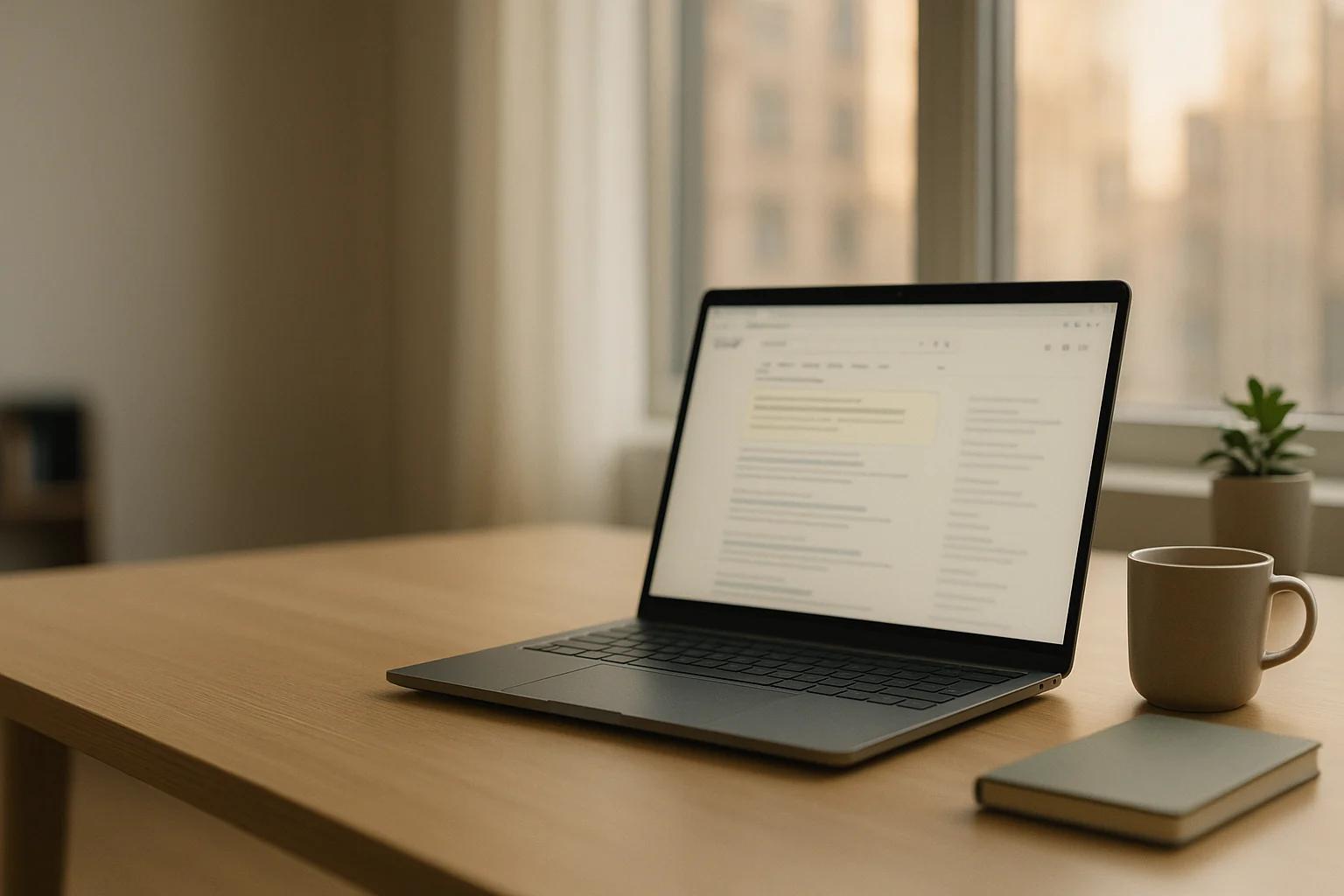 Aufgeklappter Laptop mit einer Suchergebnisseite auf einem Holztisch im Morgenlicht, daneben Kaffeetasse und Notizbuch