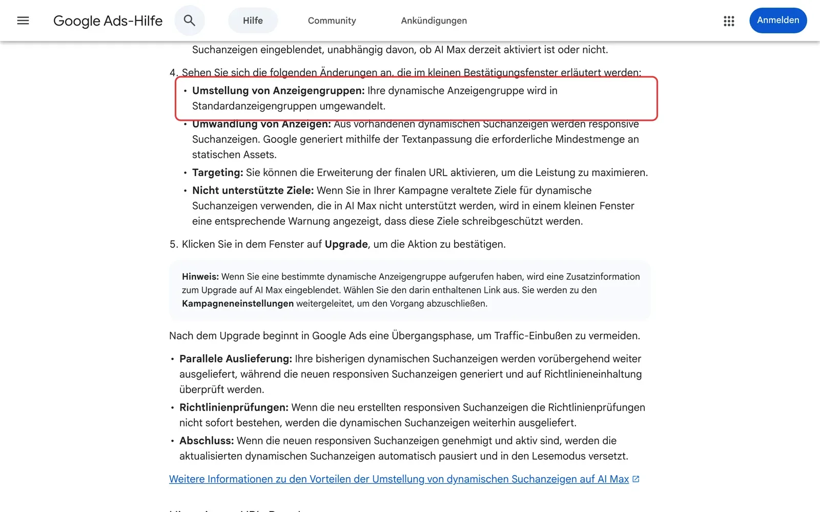 Google Ads-Hilfe: Liste der Änderungen beim Upgrade von Dynamischen Suchanzeigen auf AI Max