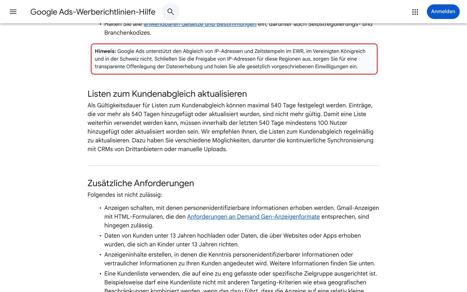 Hinweis in der Google-Richtlinie zum Kundenabgleich: kein Abgleich von IP-Adressen und Zeitstempeln im EWR, im Vereinigten Königreich und in der Schweiz