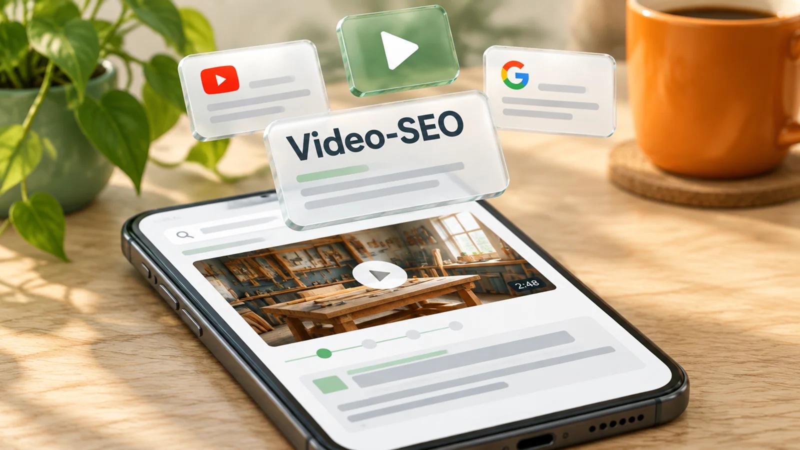Smartphone auf einem hellen Eichentisch mit einem Suchergebnis, das ein Video aus einer Tischlerwerkstatt mit Play-Knopf zeigt, darüber Glaskarten mit dem Wort Video-SEO, dem YouTube-Logo und dem Google-Logo