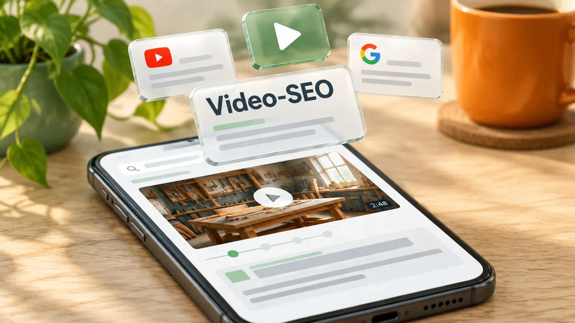 Smartphone auf einem hellen Eichentisch mit einem Suchergebnis, das ein Video aus einer Tischlerwerkstatt mit Play-Knopf zeigt, darüber Glaskarten mit dem Wort Video-SEO, dem YouTube-Logo und dem Google-Logo