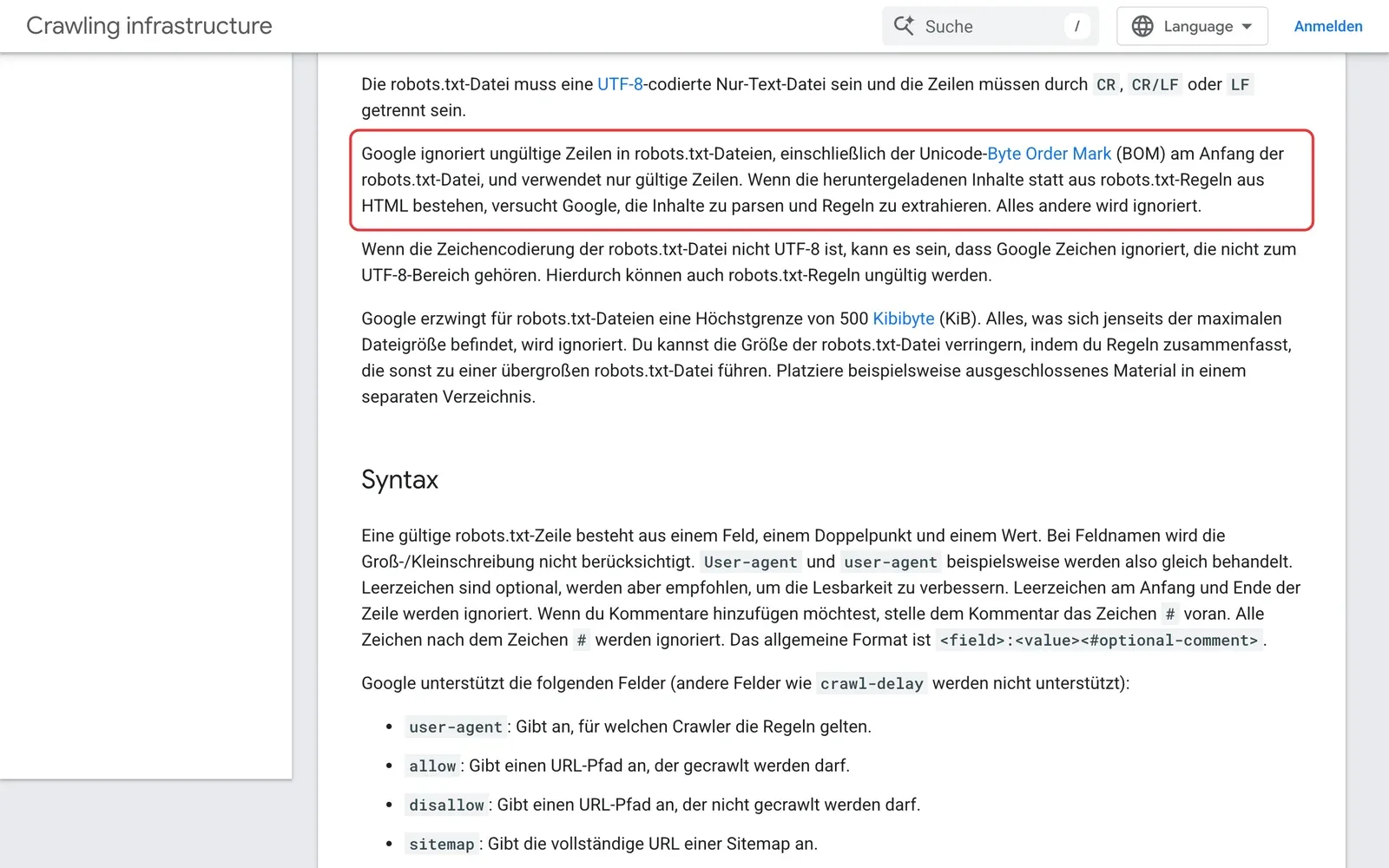 Google-Dokumentation zur Auslegung der robots.txt: Der Absatz, dass Google ungültige Zeilen ignoriert und nur gültige Zeilen verwendet, ist rot umrahmt