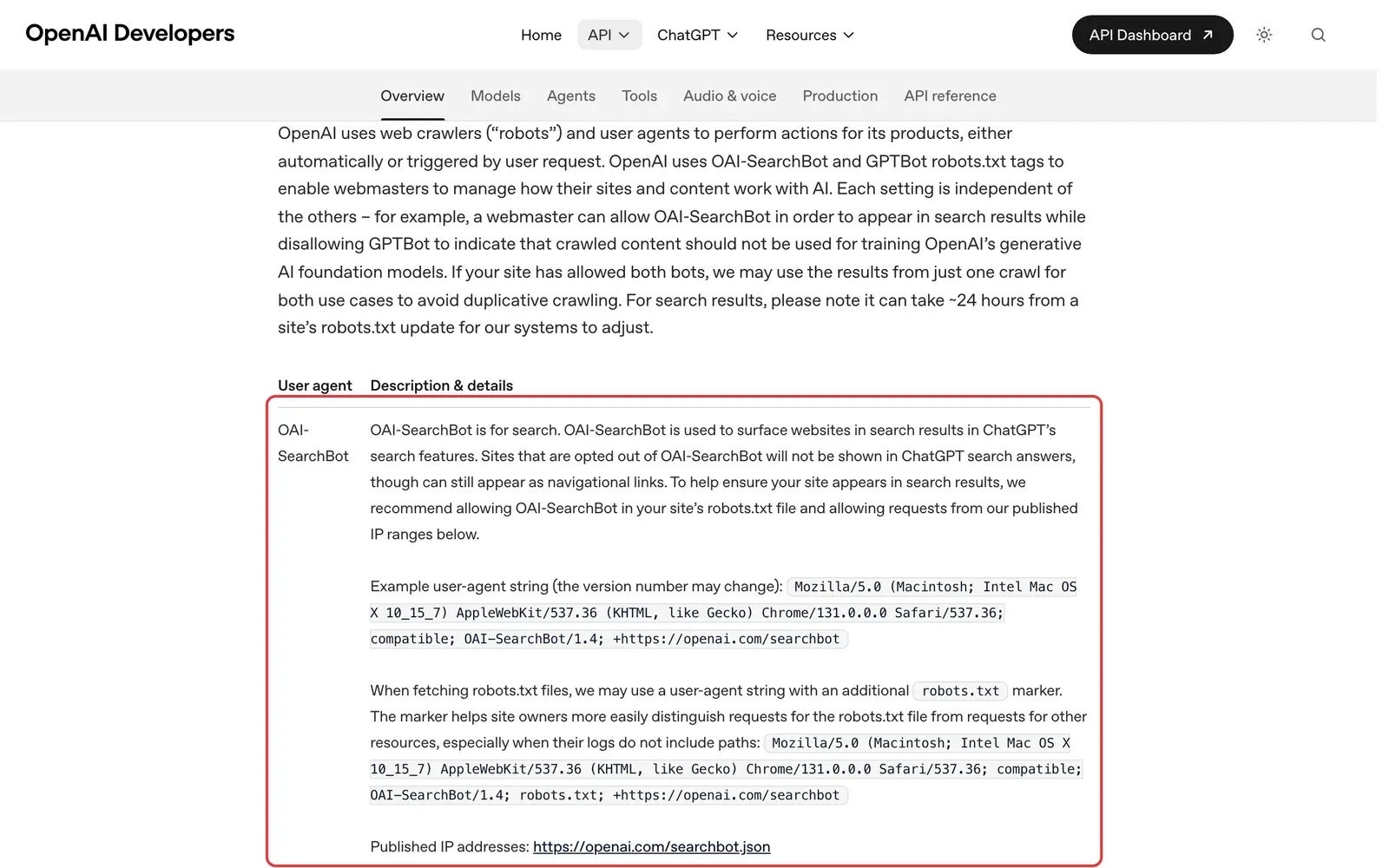 OpenAI-Dokumentation zu den Crawlern: Der Tabelleneintrag zu OAI-SearchBot ist rot umrahmt, darüber die Erklärung, dass jede Einstellung unabhängig ist