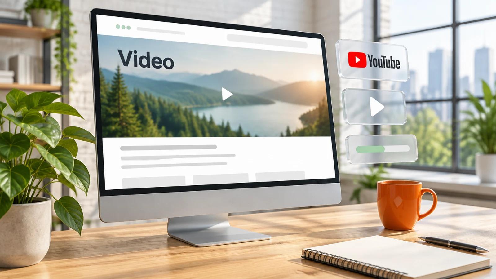 Monitor auf einem Holztisch im Loft mit einer Website, deren Hero-Sektion ein Landschaftsvideo mit Play-Symbol und das Wort Video zeigt, daneben Glaskarten mit YouTube-Logo und Play-Taste