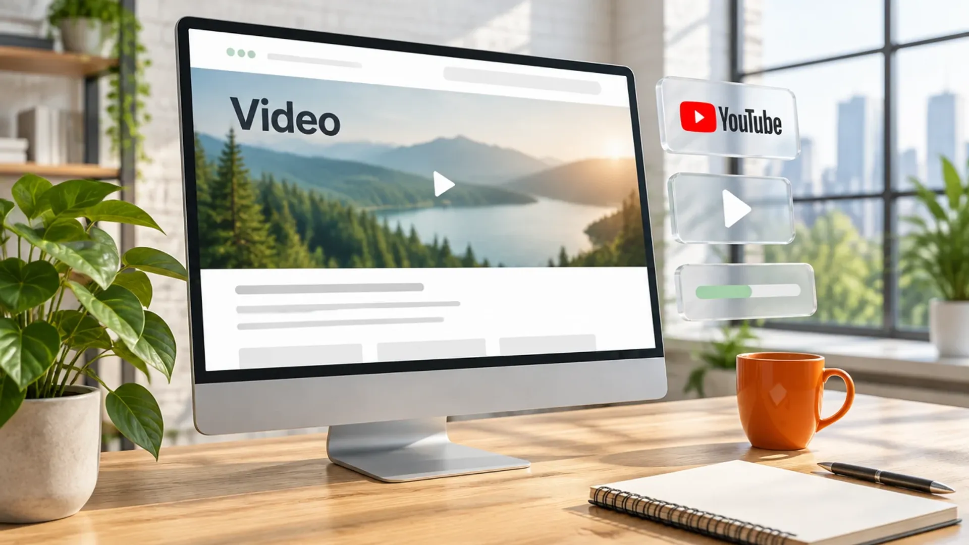 Monitor auf einem Holztisch im Loft mit einer Website, deren Hero-Sektion ein Landschaftsvideo mit Play-Symbol und das Wort Video zeigt, daneben Glaskarten mit YouTube-Logo und Play-Taste