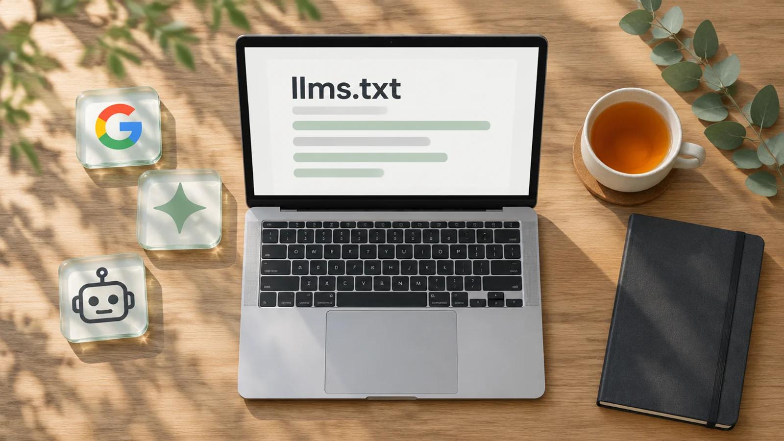 Laptop von oben auf einem Holztisch mit dem Wort llms.txt, daneben Glaskacheln mit Google-Logo, Stern und Roboter-Symbol