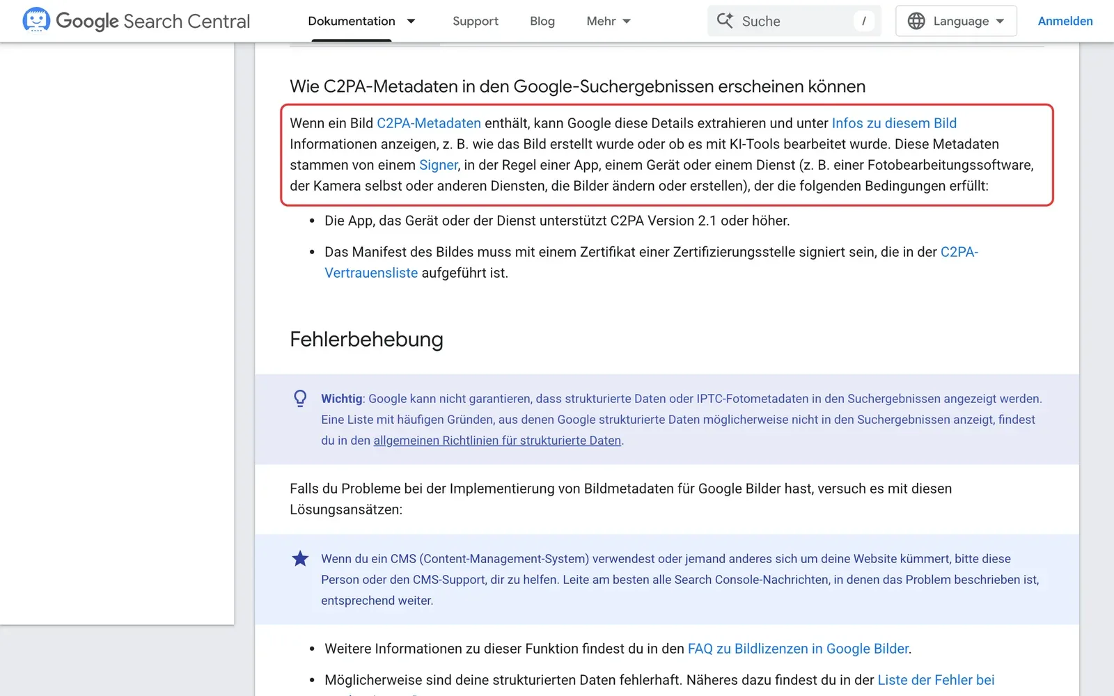 Google-Doku zu Bildmetadaten, der Absatz, dass Google C2PA-Angaben unter Infos zu diesem Bild anzeigen kann, ist rot umrahmt