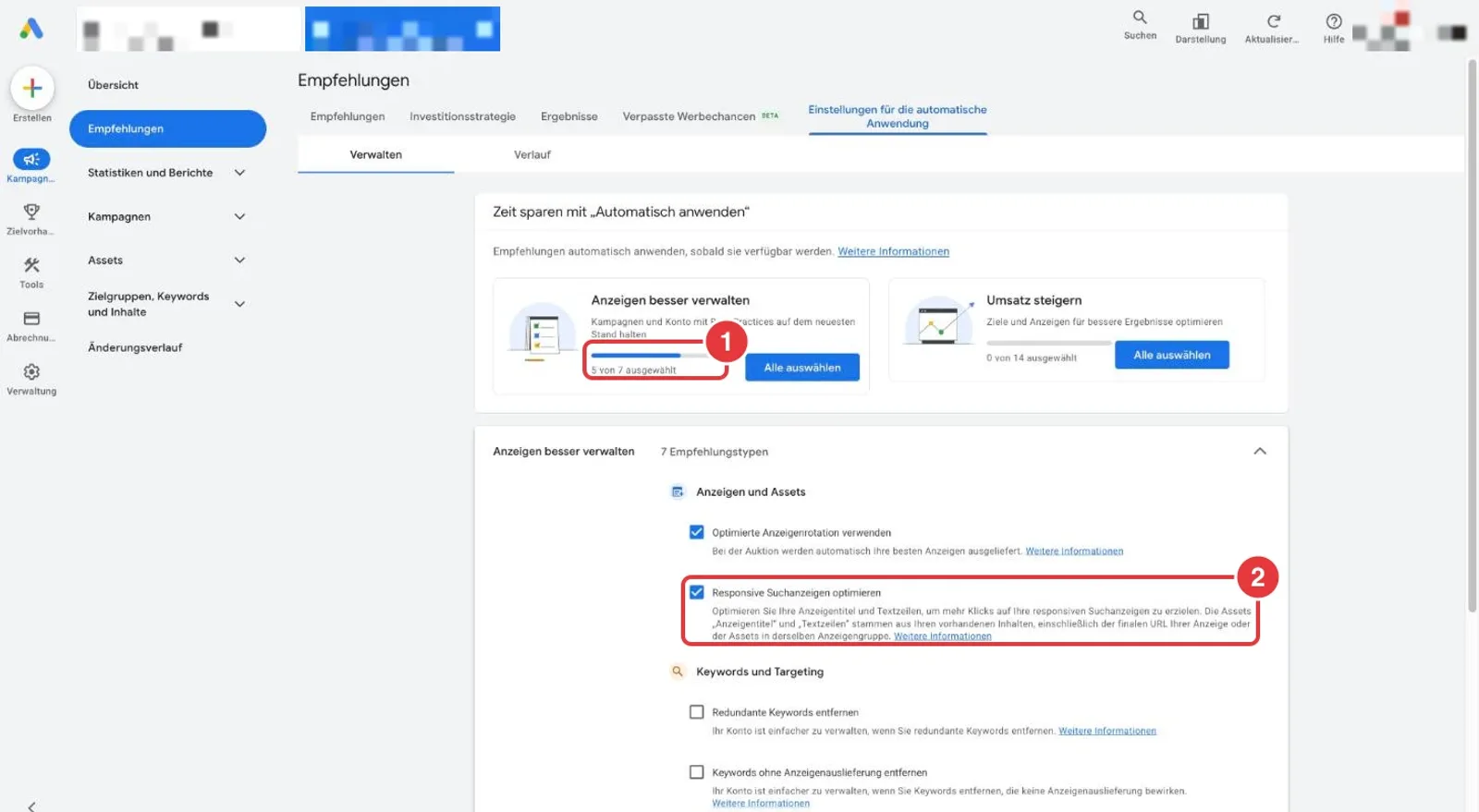 Einstellungen für automatisch angewendete Empfehlungen in einem anonymisierten Google-Ads-Konto mit markierter Anzahl aktiver Empfehlungstypen