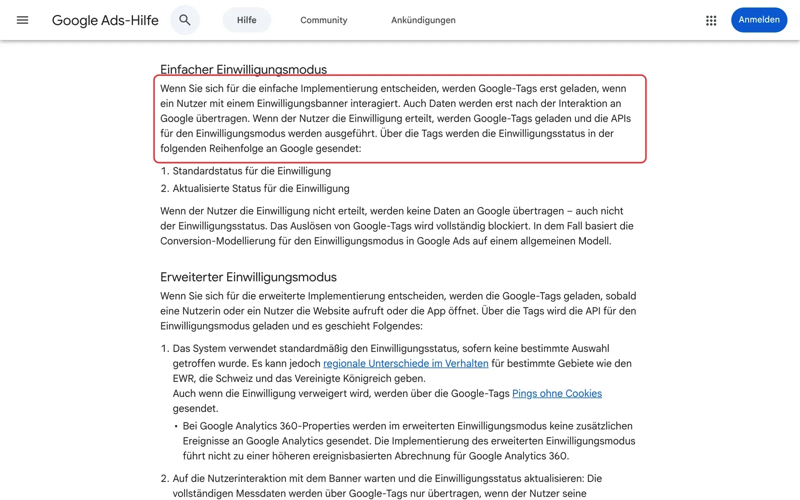 Google Ads-Hilfe mit rot markierter Erklärung des einfachen Einwilligungsmodus