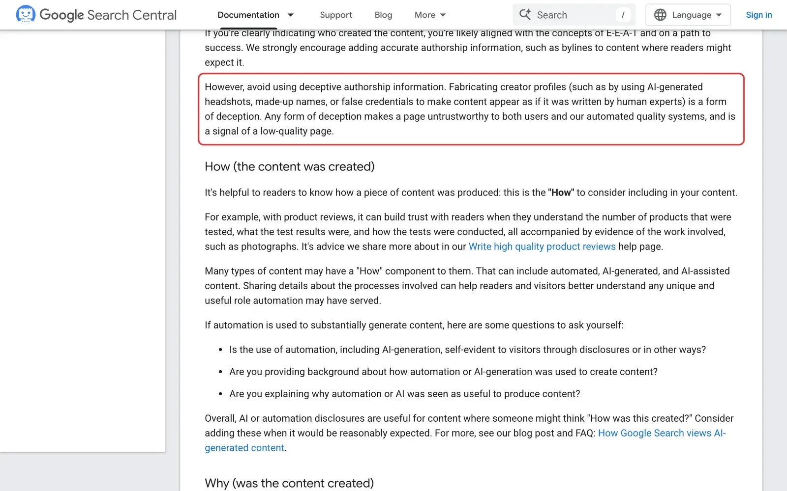 Google-Hilfeseite zu hilfreichen Inhalten mit dem rot markierten Absatz über täuschende Autorenangaben