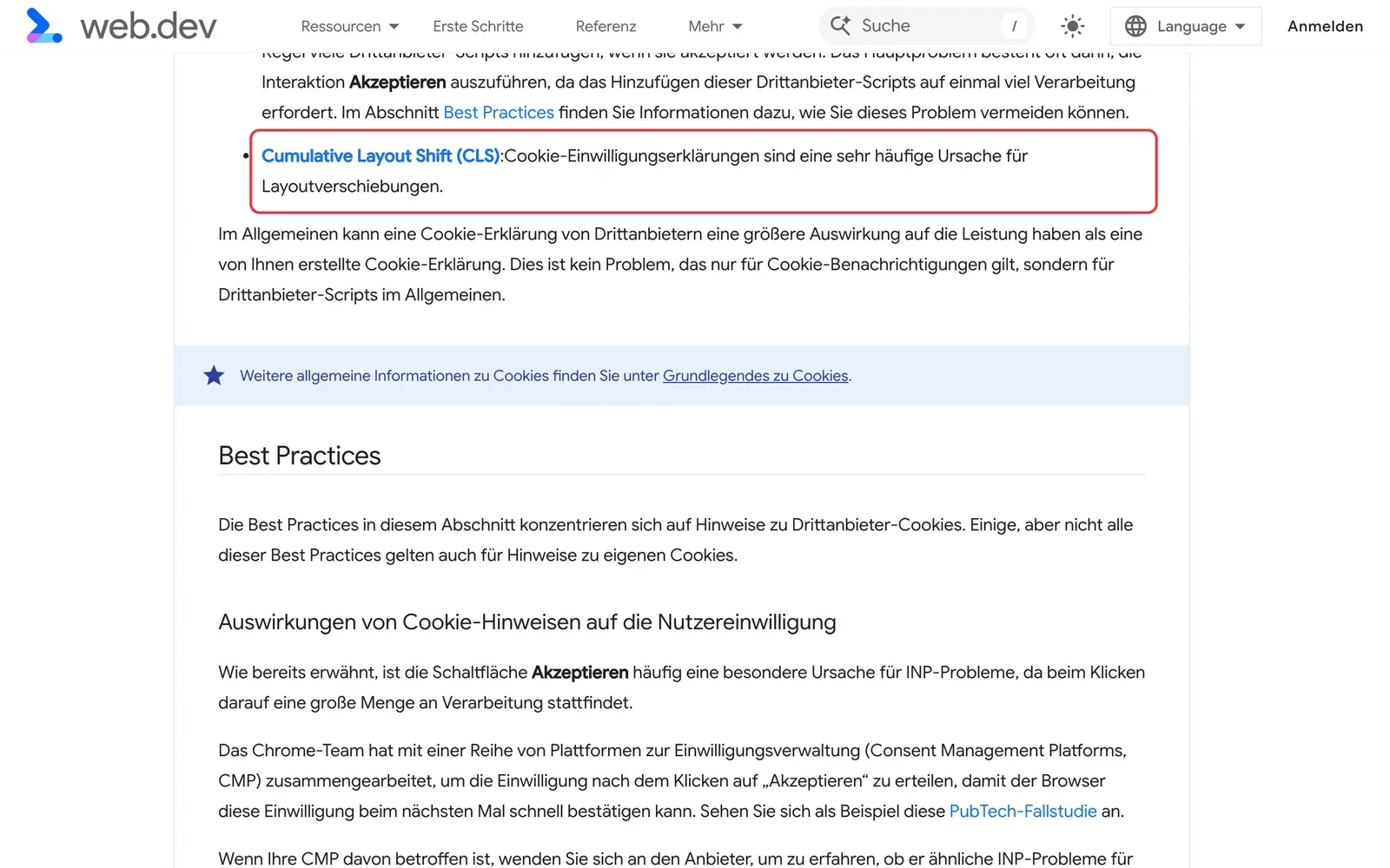 web.dev, Best Practices für Cookie-Hinweise: der Punkt Cumulative Layout Shift mit dem Satz, dass Cookie-Einwilligungserklärungen eine sehr häufige Ursache für Layoutverschiebungen sind, ist rot umrahmt