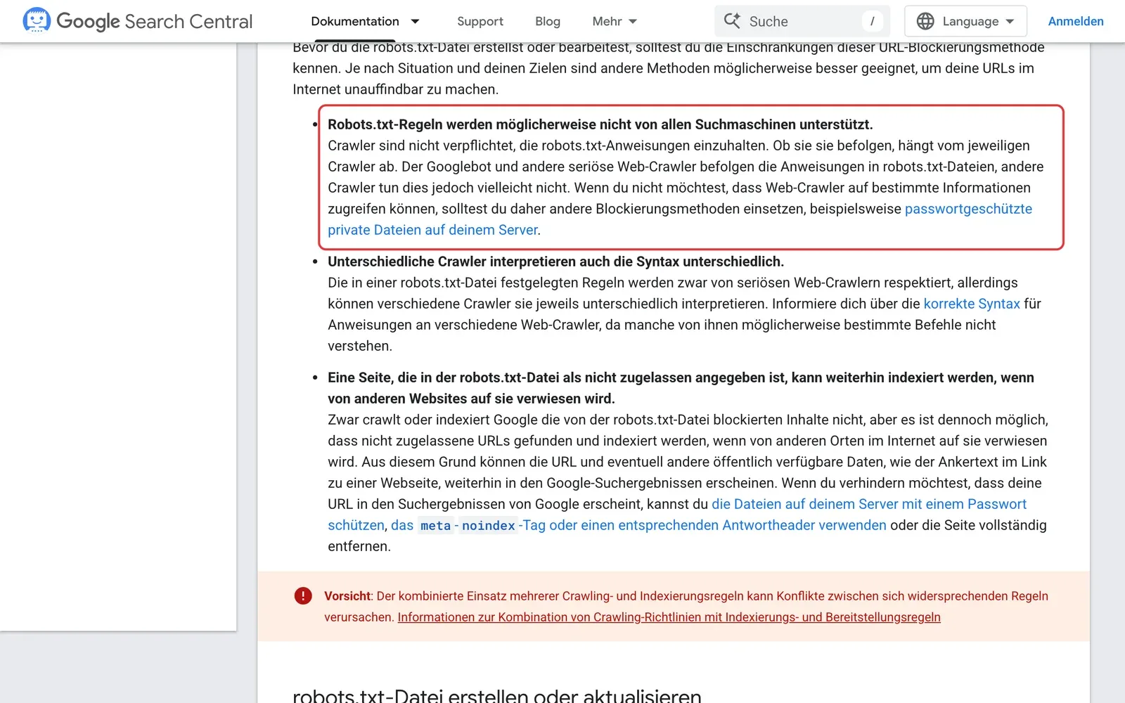Google Search Central zu den Einschränkungen der robots.txt: Der Absatz, dass Crawler nicht verpflichtet sind, die Anweisungen einzuhalten, ist rot umrahmt