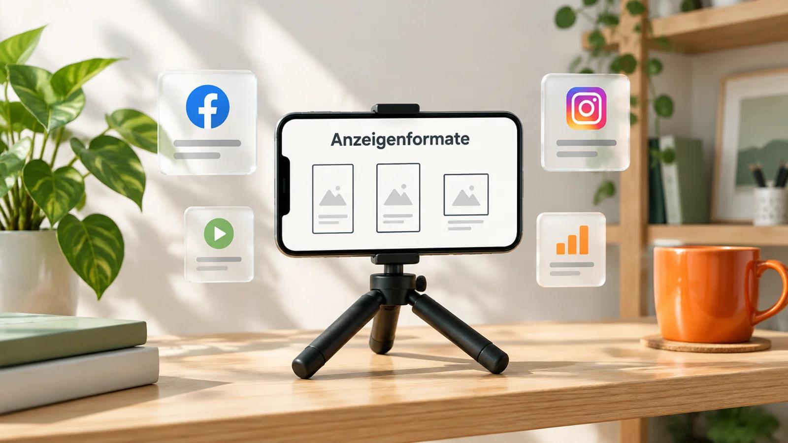Smartphone auf einem kleinen Stativ zeigt das Wort Anzeigenformate mit drei Rahmen in verschiedenen Seitenverhältnissen, daneben Glaskarten mit Facebook- und Instagram-Logo