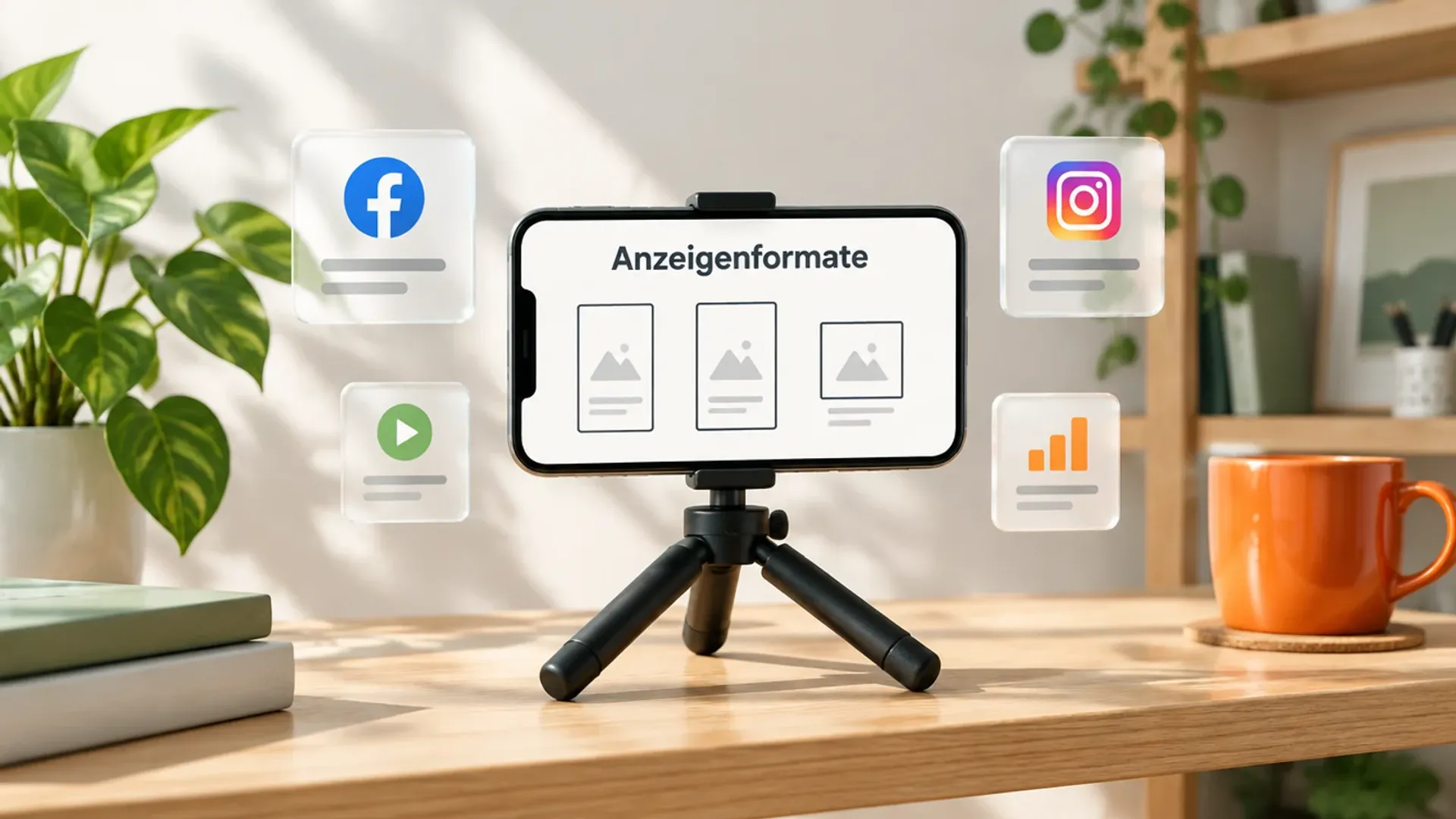 Smartphone auf einem kleinen Stativ zeigt das Wort Anzeigenformate mit drei Rahmen in verschiedenen Seitenverhältnissen, daneben Glaskarten mit Facebook- und Instagram-Logo