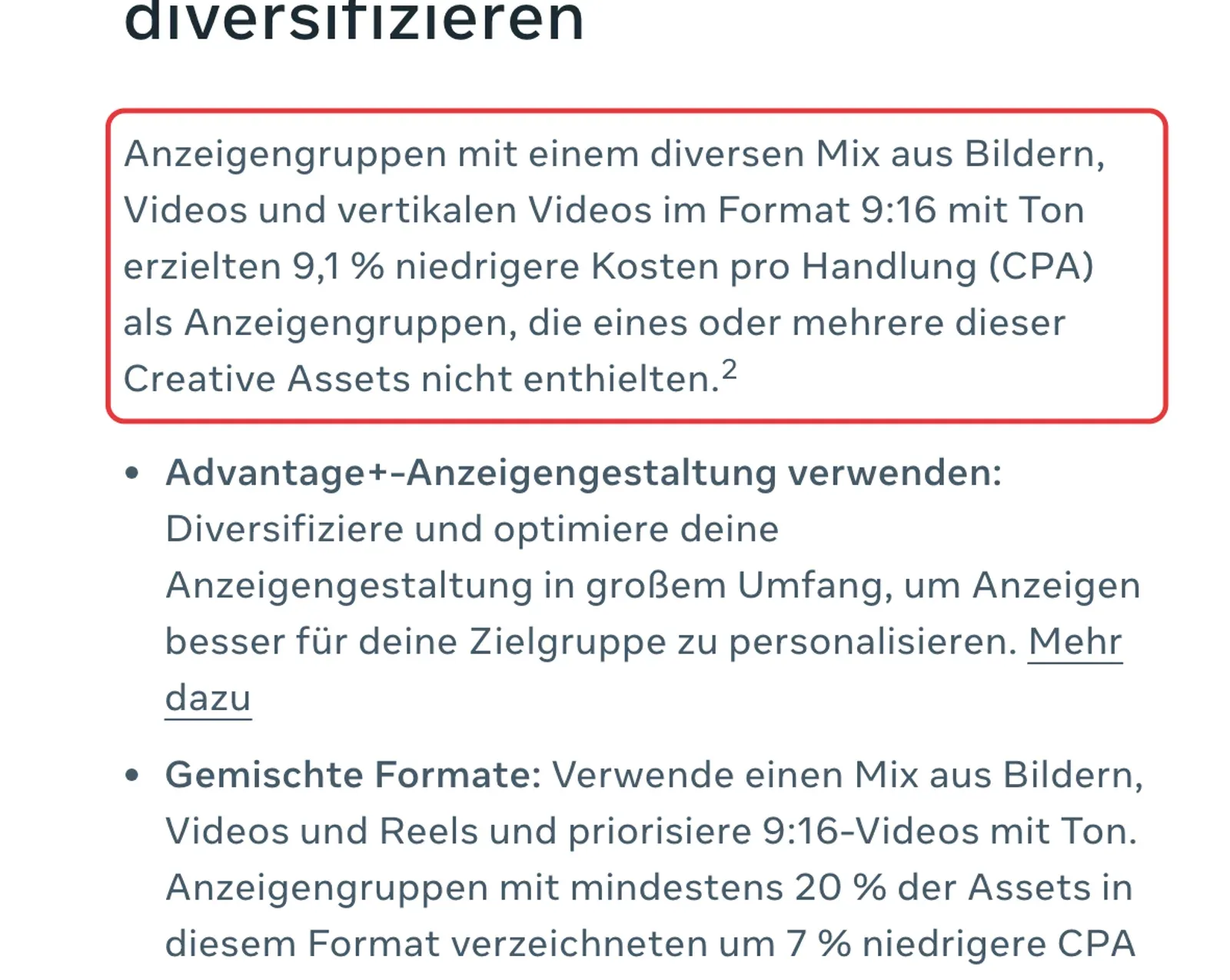 Meta-Seite zu Advantage+-Umsatzkampagnen mit dem Hinweis auf 9,1 Prozent niedrigere Kosten pro Handlung bei gemischten Formaten