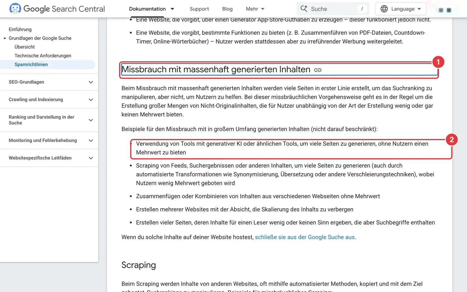 Spamrichtlinien von Google mit markiertem Abschnitt zum Missbrauch mit massenhaft generierten Inhalten