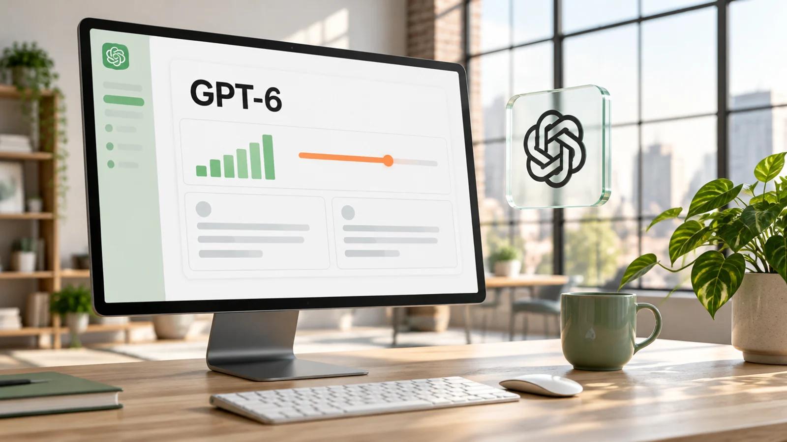 Großer Monitor in einem hellen Loft zeigt den Schriftzug GPT-6 mit Balkendiagramm und Regler, daneben eine Glaskarte mit dem ChatGPT-Logo