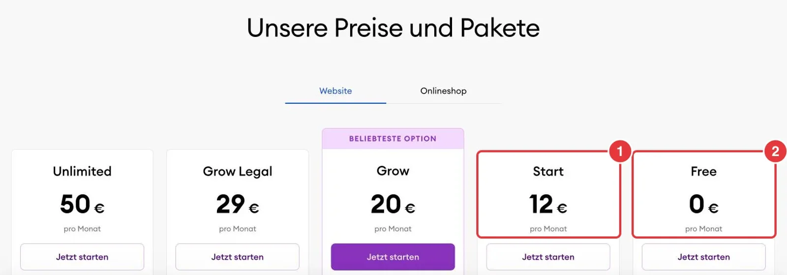 Preisseite von Jimdo mit markierten Paketen Start und Free