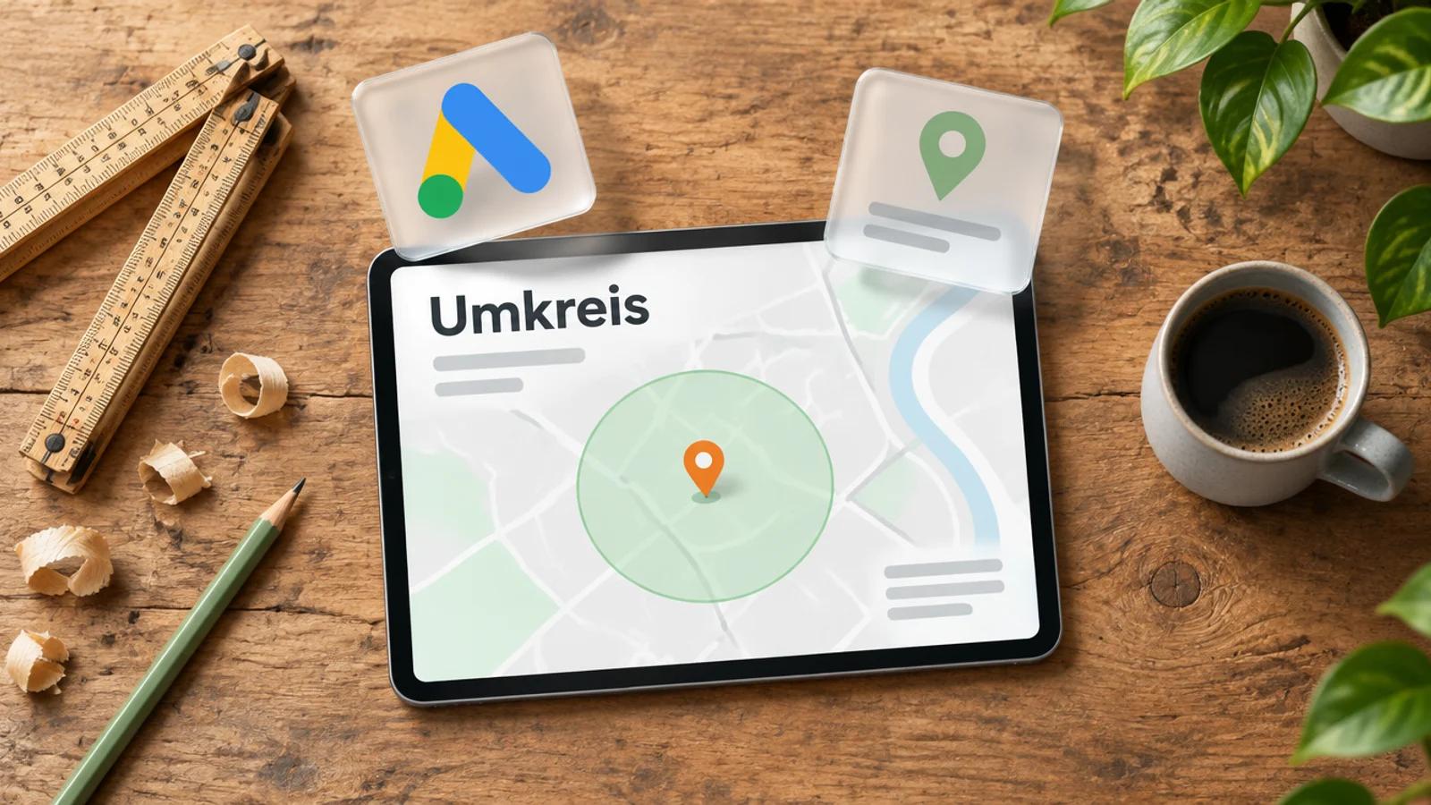 Tablet auf einer Werkbank mit einer Karte, einem grünen Umkreis um eine Stecknadel und dem Wort Umkreis, daneben Zollstock und eine Glaskarte mit Google-Ads-Logo