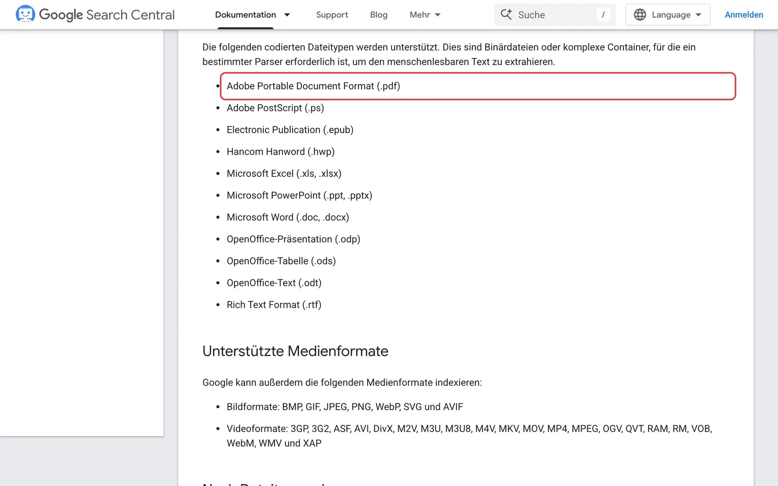Google-Dokumentation mit der Liste der unterstützten codierten Dateitypen, Adobe Portable Document Format ist rot umrahmt