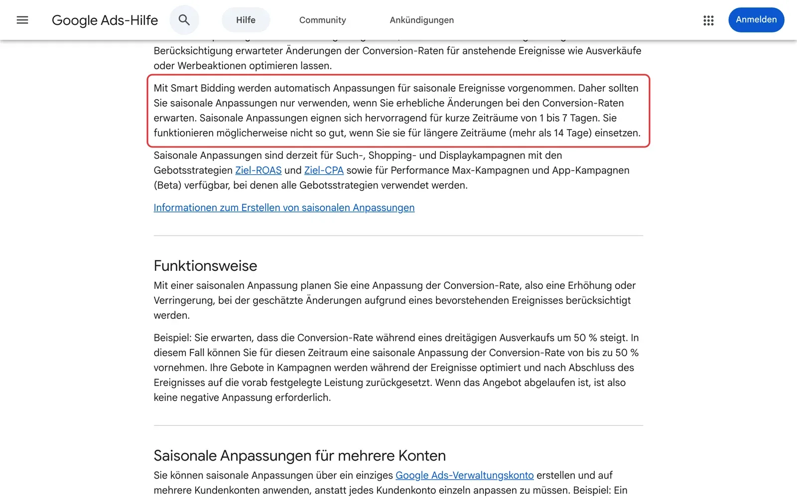 Google Ads-Hilfe zu saisonalen Anpassungen mit markiertem Absatz zur empfohlenen Dauer von 1 bis 7 Tagen