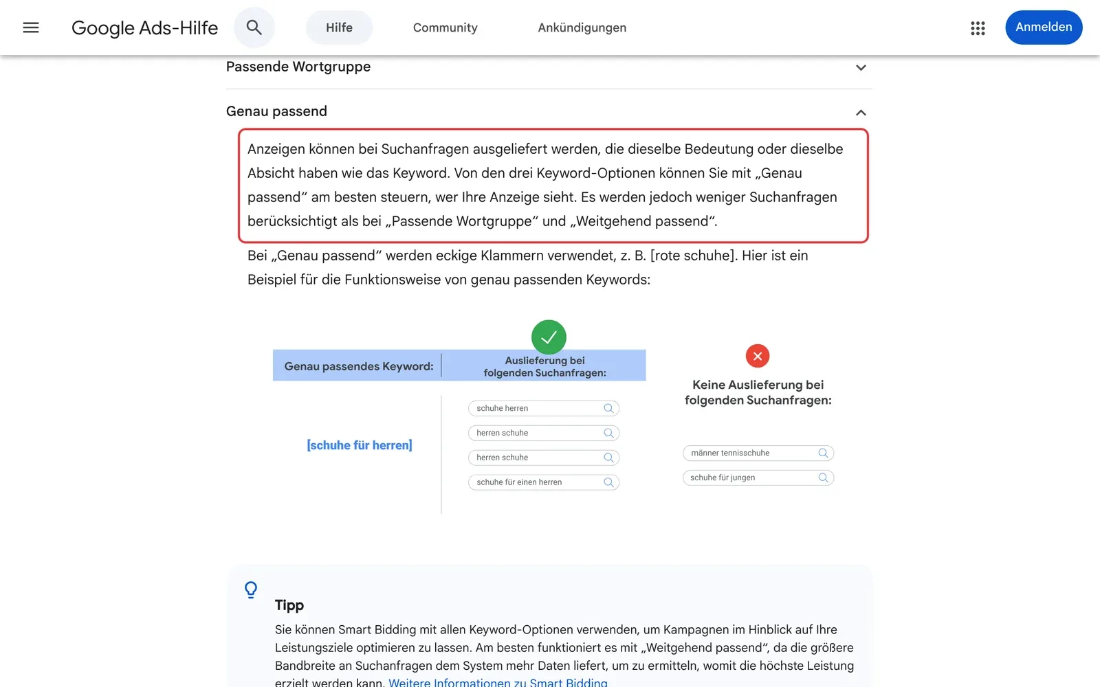 Google Ads-Hilfe, Abschnitt genau passend: der Satz, dass man mit genau passend am besten steuern kann, wer die Anzeige sieht, ist rot umrahmt, darunter Googles Beispiel mit schuhe für herren