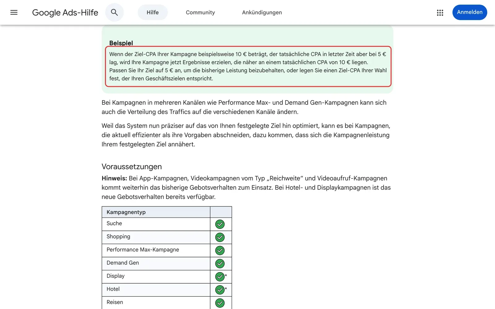Google Ads-Hilfe zu Änderungen an zielbasierten Gebotsstrategien mit markiertem Beispiel zum Ziel-CPA