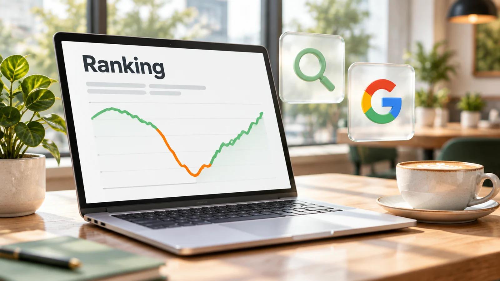 Laptop auf einem Cafétisch mit dem Wort Ranking und einer Kurve, die erst fällt und dann wieder steigt, daneben Glaskacheln mit Lupe und Google-Logo