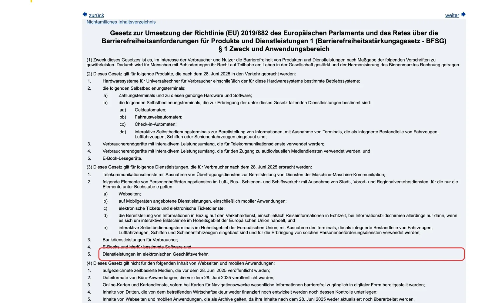 Paragraf 1 des Barrierefreiheitsstärkungsgesetzes auf gesetze-im-internet.de mit markierter Nummer 5 zu Dienstleistungen im elektronischen Geschäftsverkehr