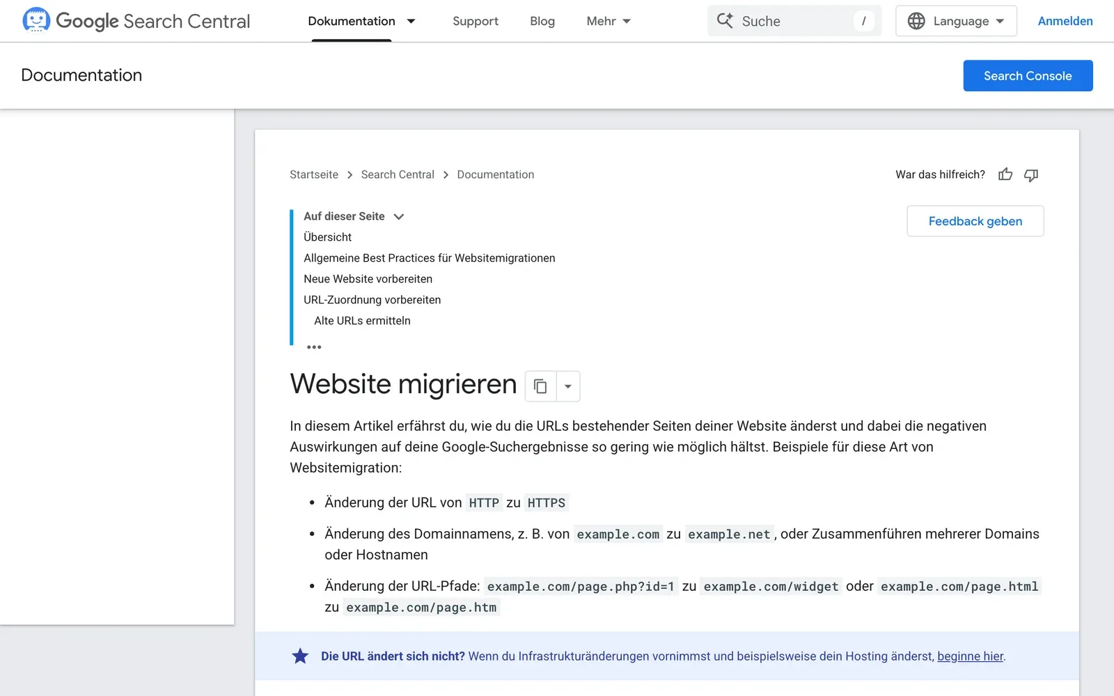 Google Search Central: Anleitung „Website migrieren“ mit Beispielen für geänderte URLs