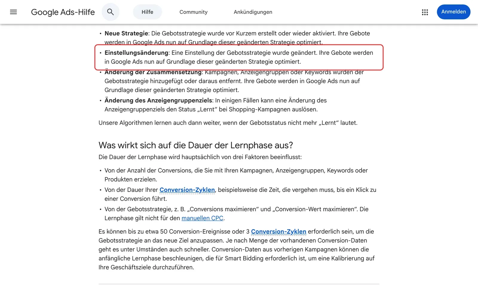 Google Ads-Hilfe mit der Liste der Gründe für den Status „Lernt“, der Punkt Einstellungsänderung ist rot umrahmt