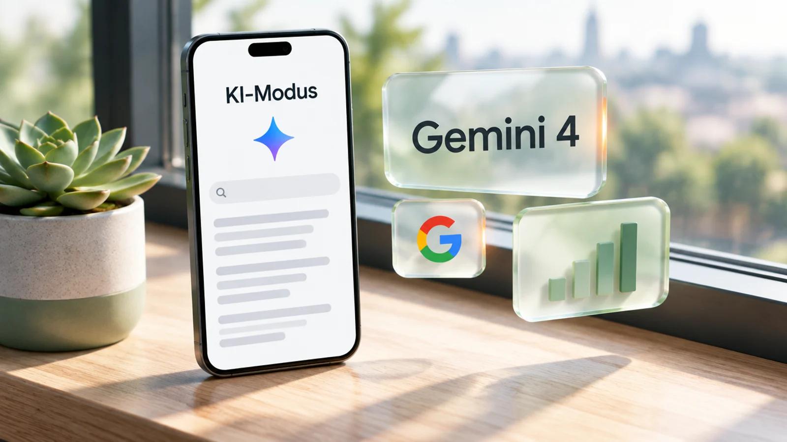 Smartphone auf einer Holz-Fensterbank mit dem Wort KI-Modus und einem Stern-Symbol, daneben Glaskarten mit Gemini 4, Google-Logo und Balkendiagramm